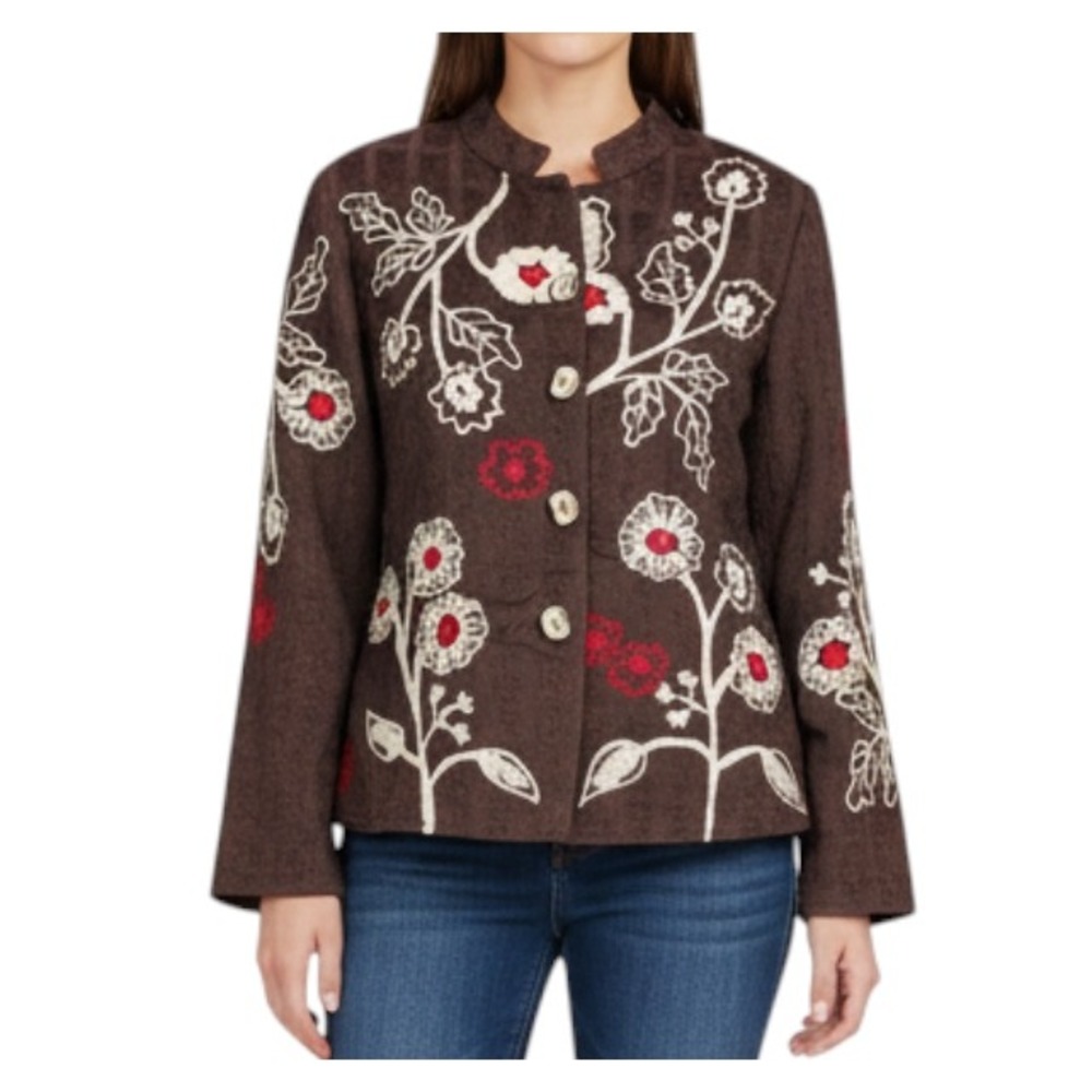 ALEX KIM Brown Tapestry FLORAL ART EMBROIDERED Button-Up JACKET/BLAZER Sz S